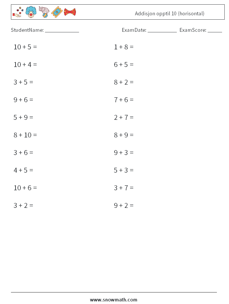 (20) Addisjon opptil 10 (horisontal) MathWorksheets 5