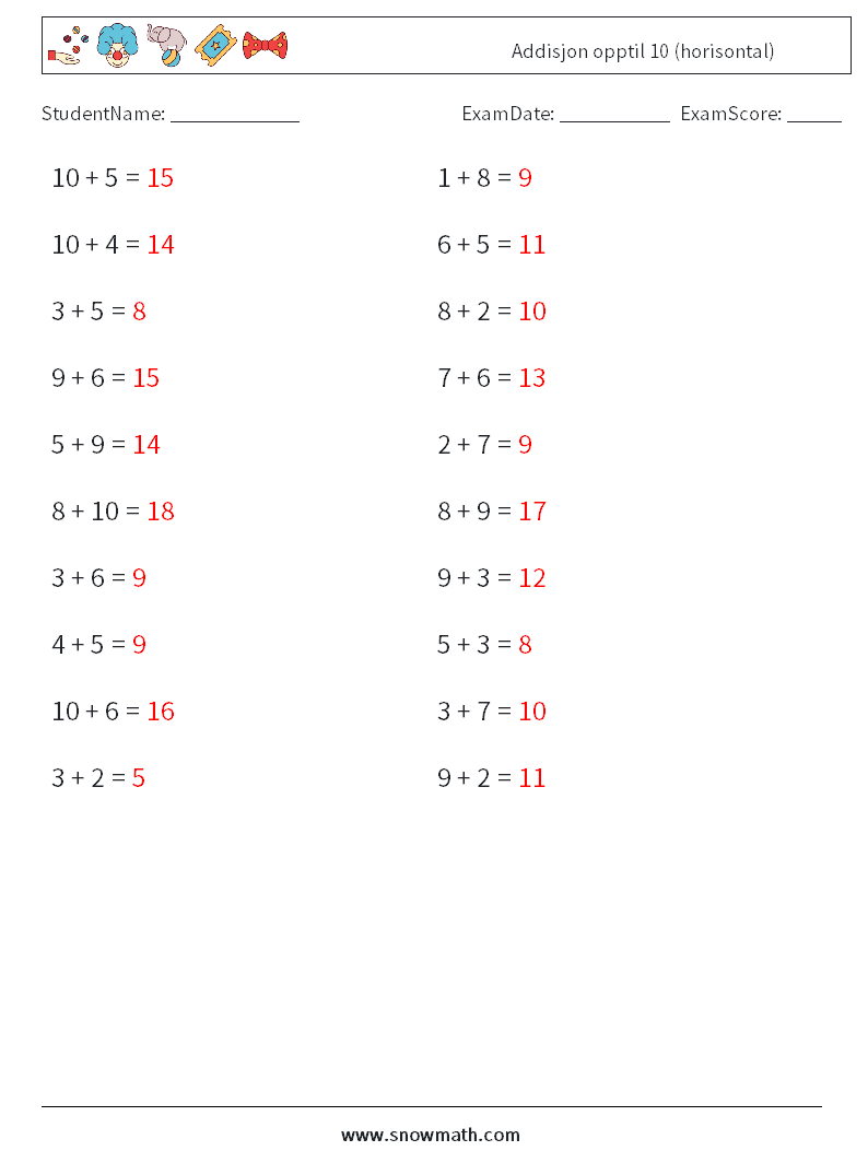 (20) Addisjon opptil 10 (horisontal) MathWorksheets 5 QuestionAnswer