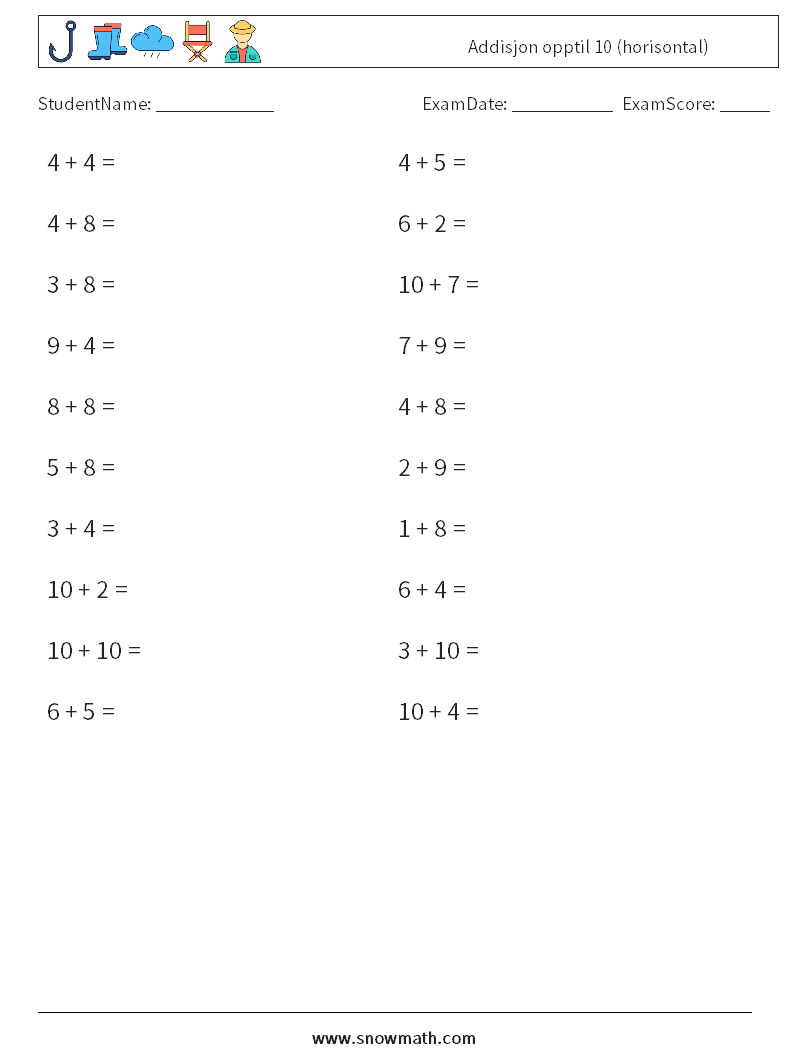 (20) Addisjon opptil 10 (horisontal) MathWorksheets 6