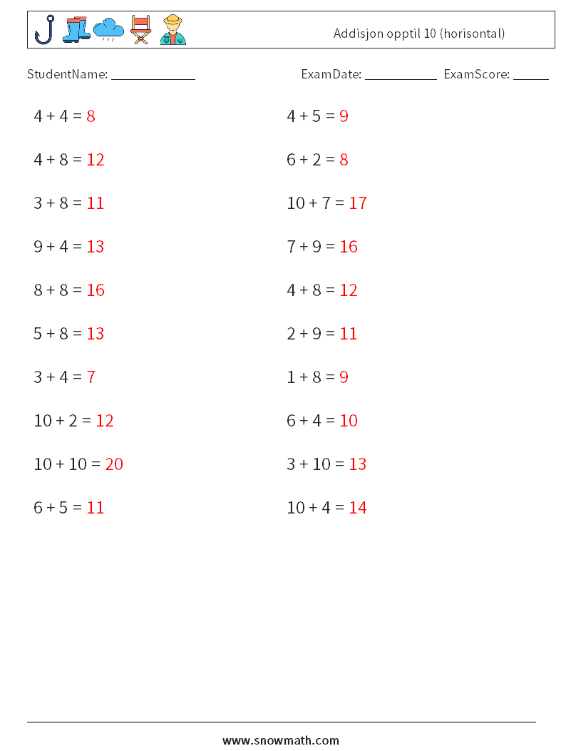 (20) Addisjon opptil 10 (horisontal) MathWorksheets 6 QuestionAnswer