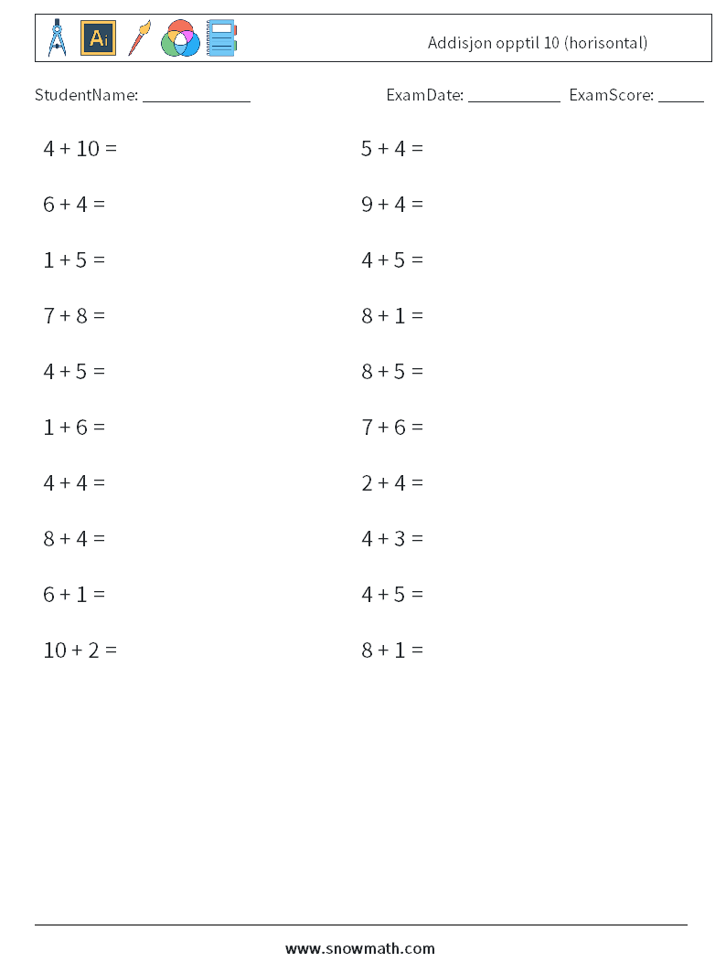 (20) Addisjon opptil 10 (horisontal) MathWorksheets 7