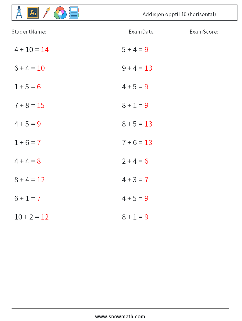 (20) Addisjon opptil 10 (horisontal) MathWorksheets 7 QuestionAnswer