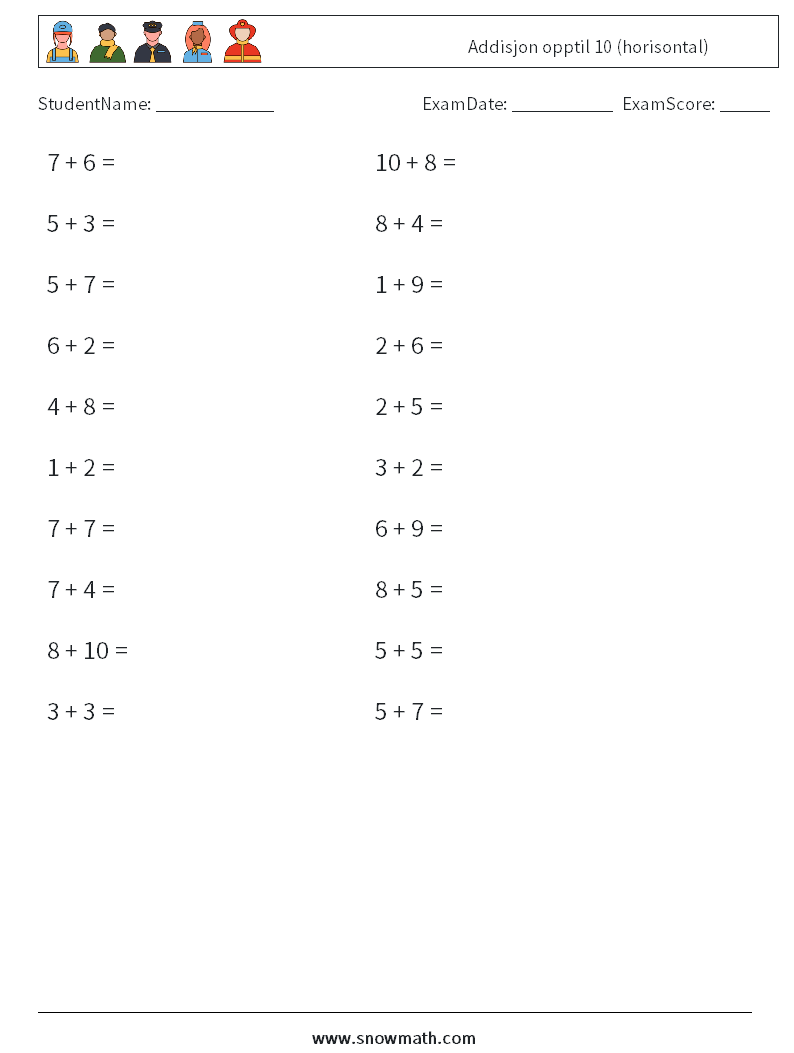 (20) Addisjon opptil 10 (horisontal) MathWorksheets 8
