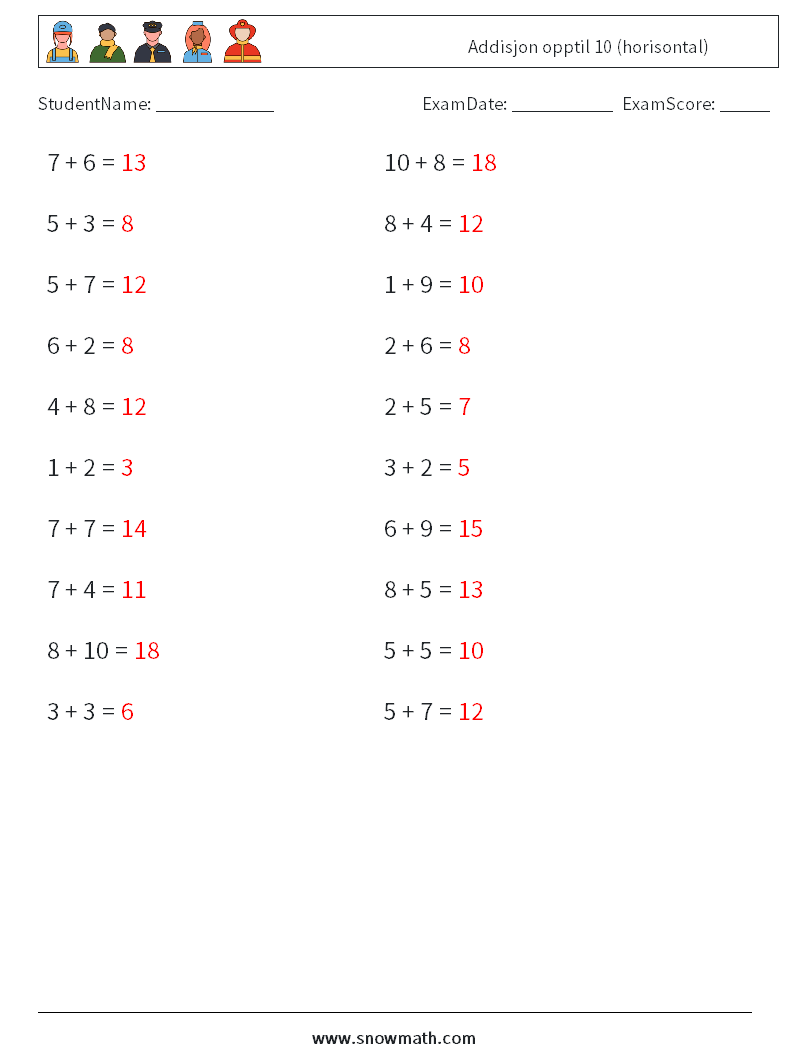 (20) Addisjon opptil 10 (horisontal) MathWorksheets 8 QuestionAnswer