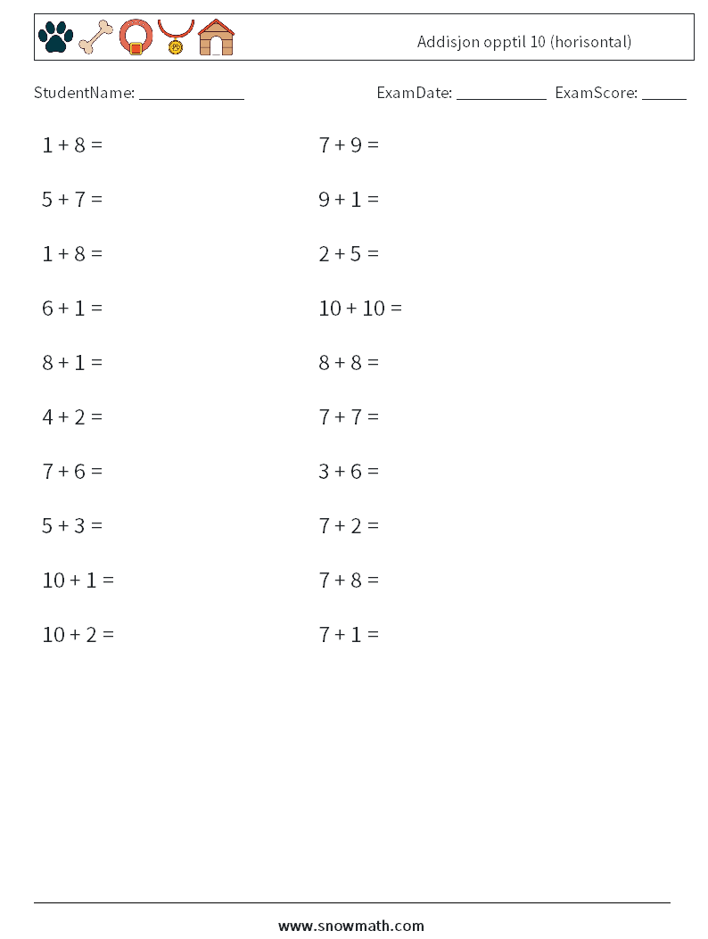 (20) Addisjon opptil 10 (horisontal) MathWorksheets 9