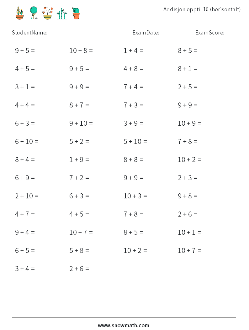 (50) Addisjon opptil 10 (horisontalt) MathWorksheets 1