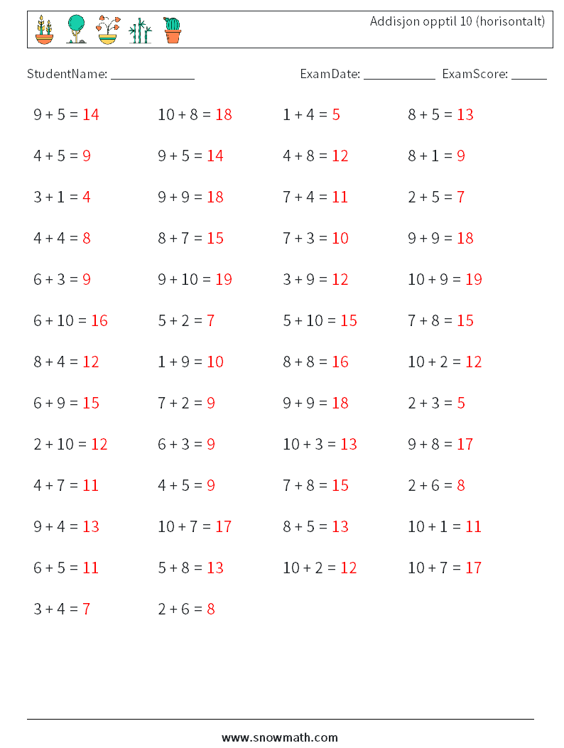 (50) Addisjon opptil 10 (horisontalt) MathWorksheets 1 QuestionAnswer