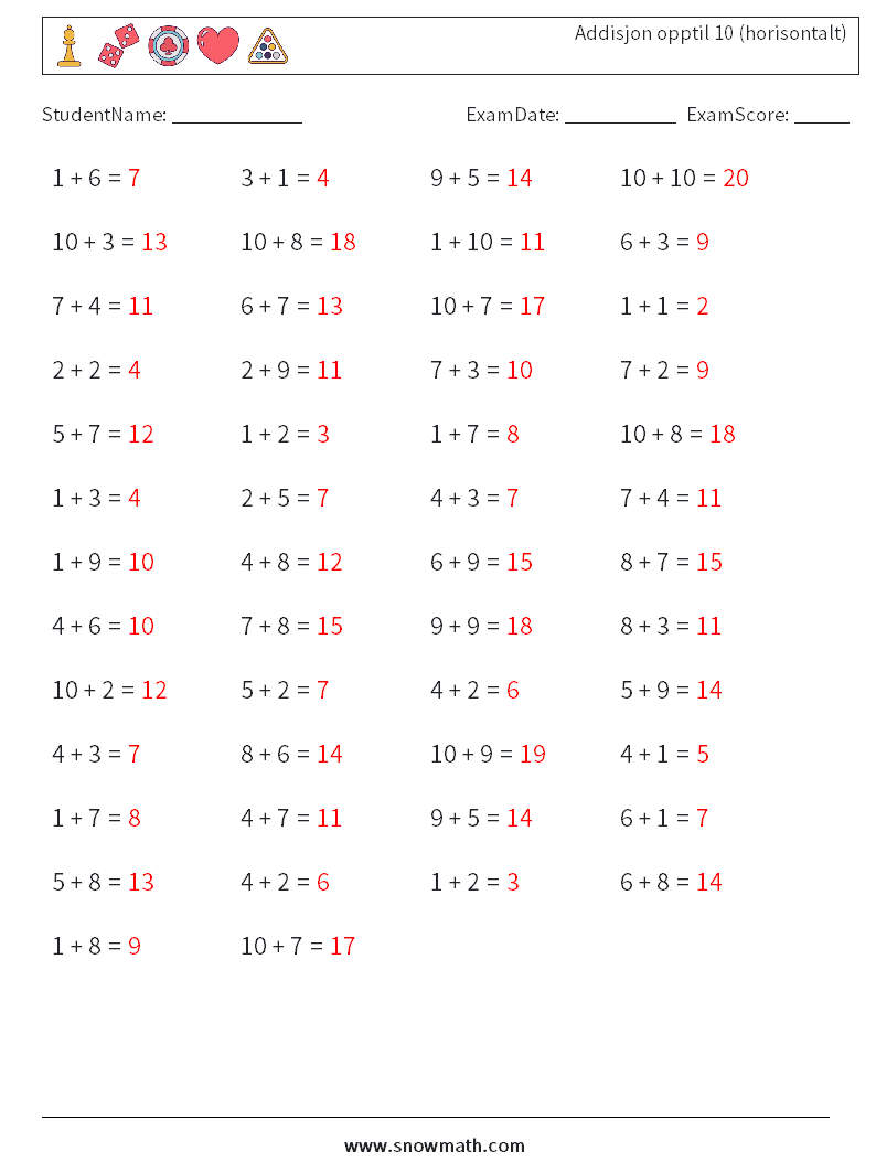 (50) Addisjon opptil 10 (horisontalt) MathWorksheets 2 QuestionAnswer