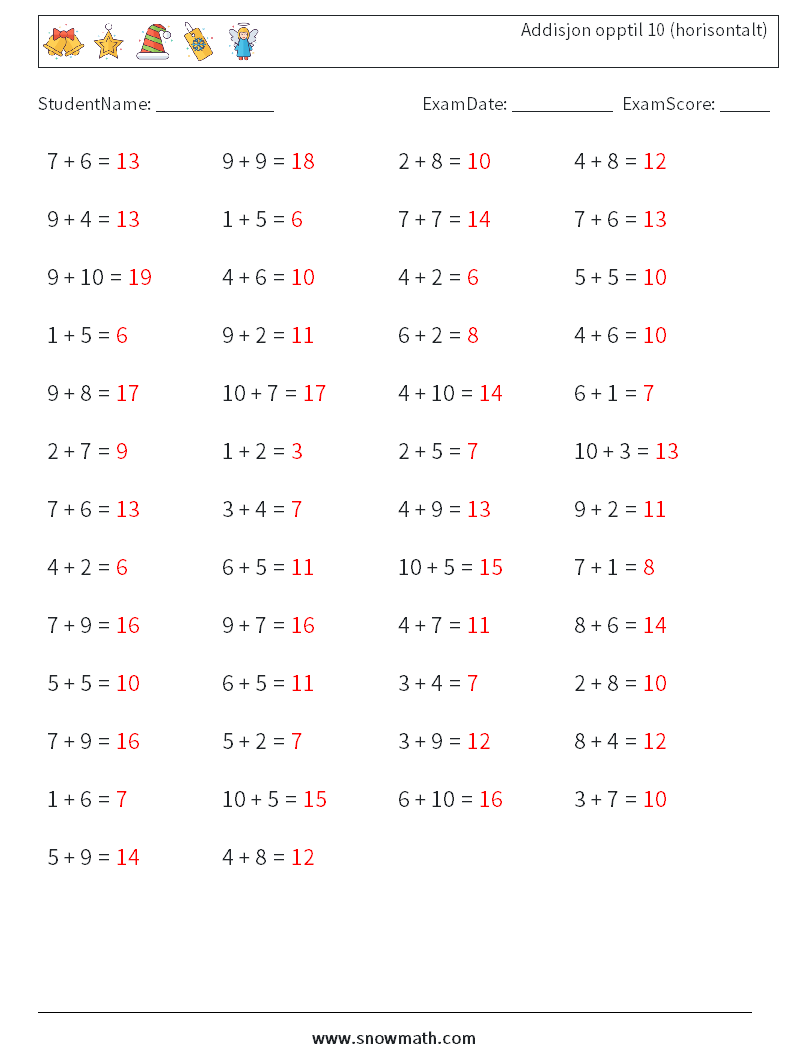 (50) Addisjon opptil 10 (horisontalt) MathWorksheets 3 QuestionAnswer