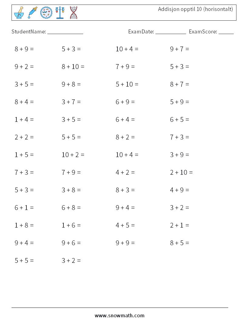 (50) Addisjon opptil 10 (horisontalt) MathWorksheets 4