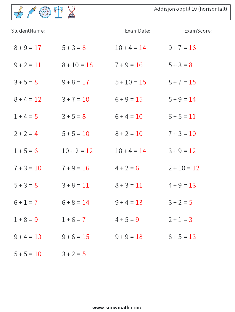 (50) Addisjon opptil 10 (horisontalt) MathWorksheets 4 QuestionAnswer