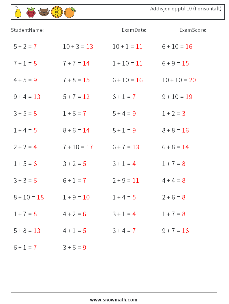 (50) Addisjon opptil 10 (horisontalt) MathWorksheets 5 QuestionAnswer