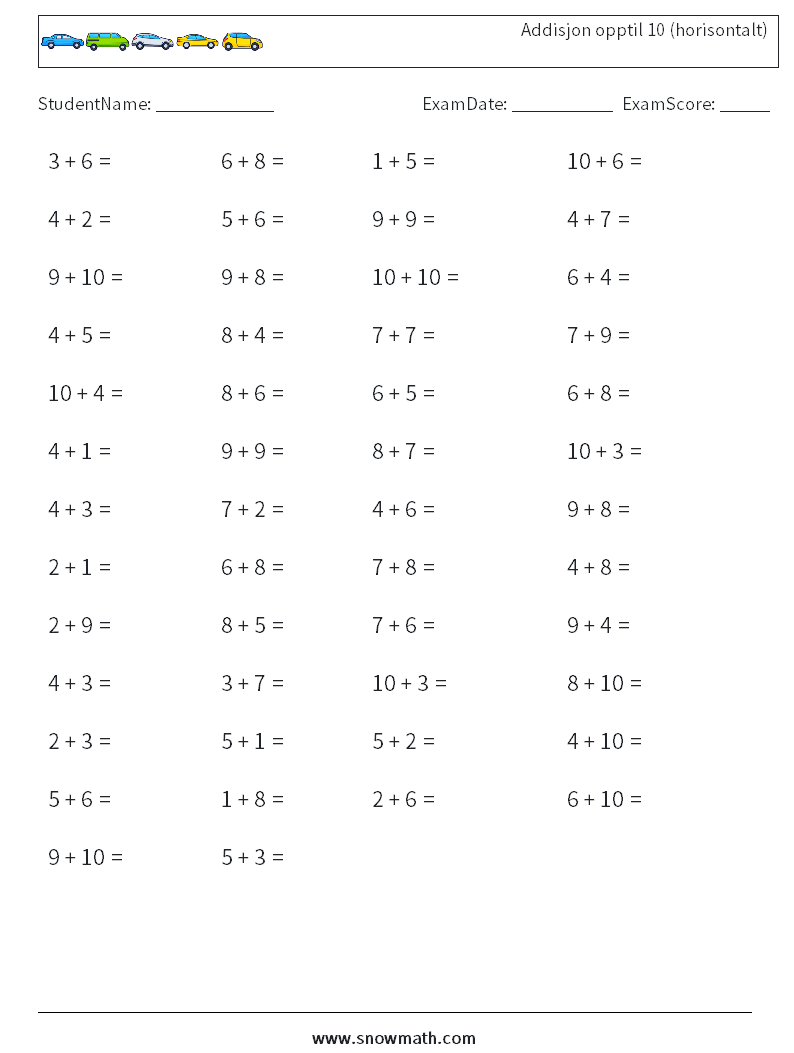 (50) Addisjon opptil 10 (horisontalt) MathWorksheets 6