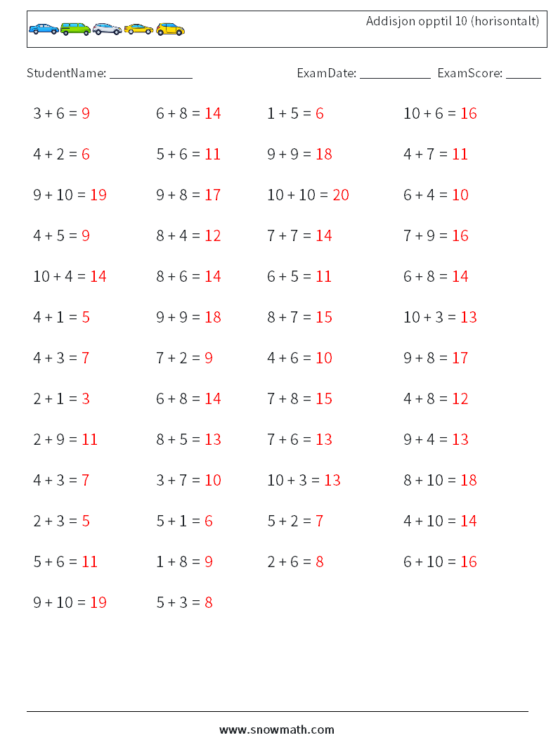 (50) Addisjon opptil 10 (horisontalt) MathWorksheets 6 QuestionAnswer