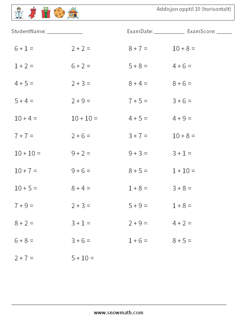 (50) Addisjon opptil 10 (horisontalt) MathWorksheets 7