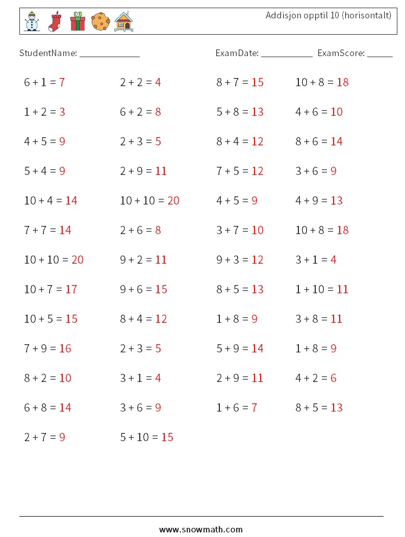 (50) Addisjon opptil 10 (horisontalt) MathWorksheets 7 QuestionAnswer