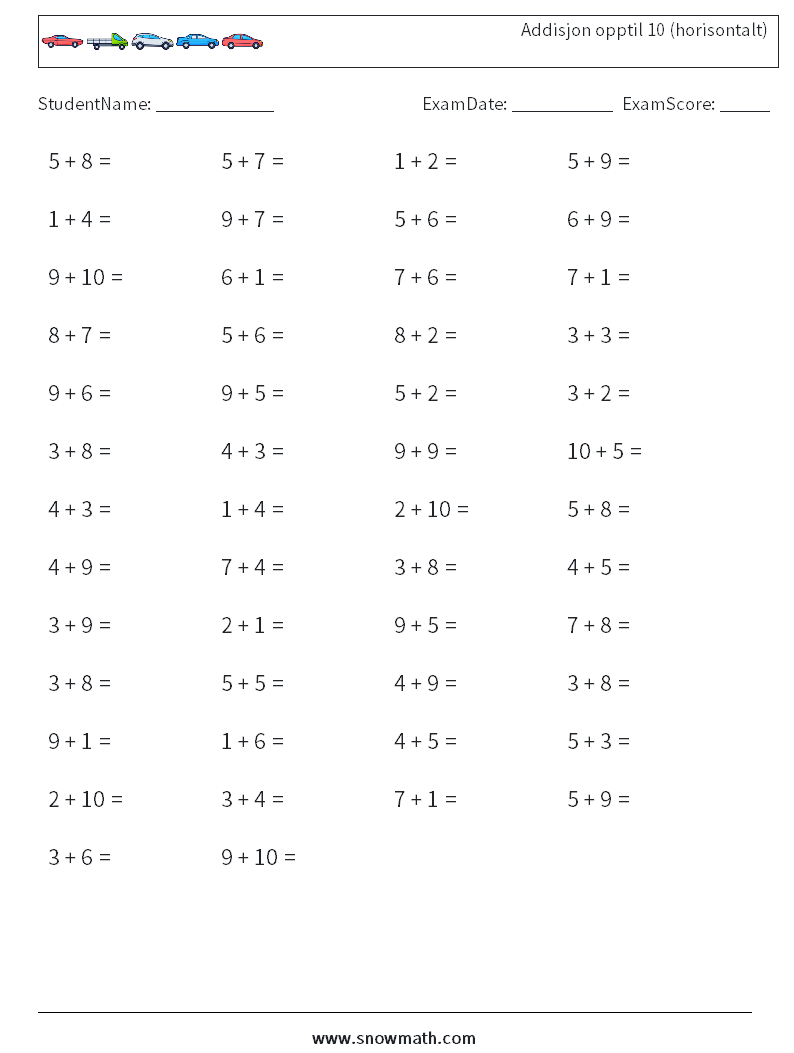 (50) Addisjon opptil 10 (horisontalt) MathWorksheets 8