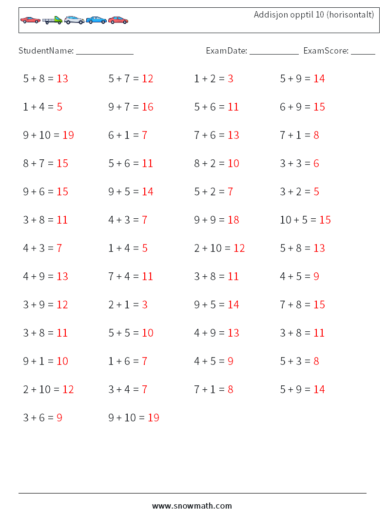 (50) Addisjon opptil 10 (horisontalt) MathWorksheets 8 QuestionAnswer