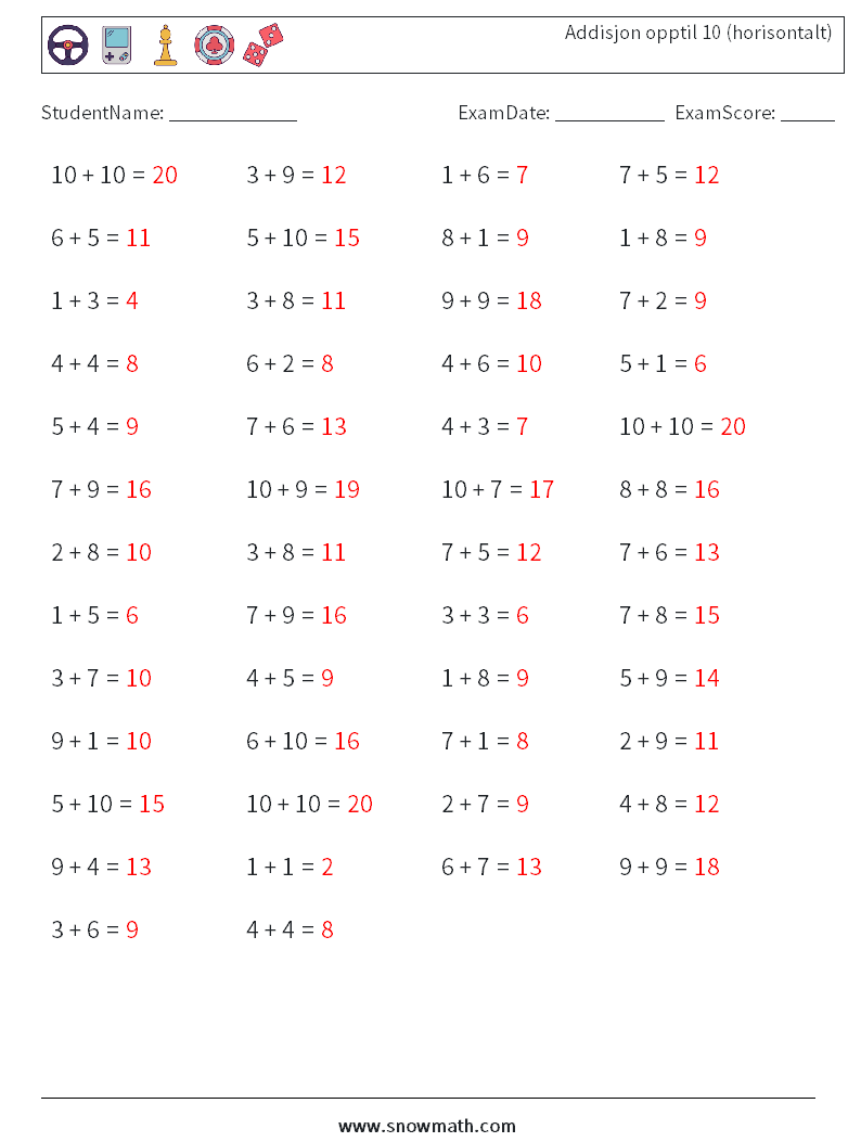 (50) Addisjon opptil 10 (horisontalt) MathWorksheets 9 QuestionAnswer