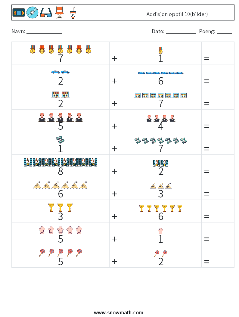 Addisjon opptil 10(bilder) MathWorksheets 1