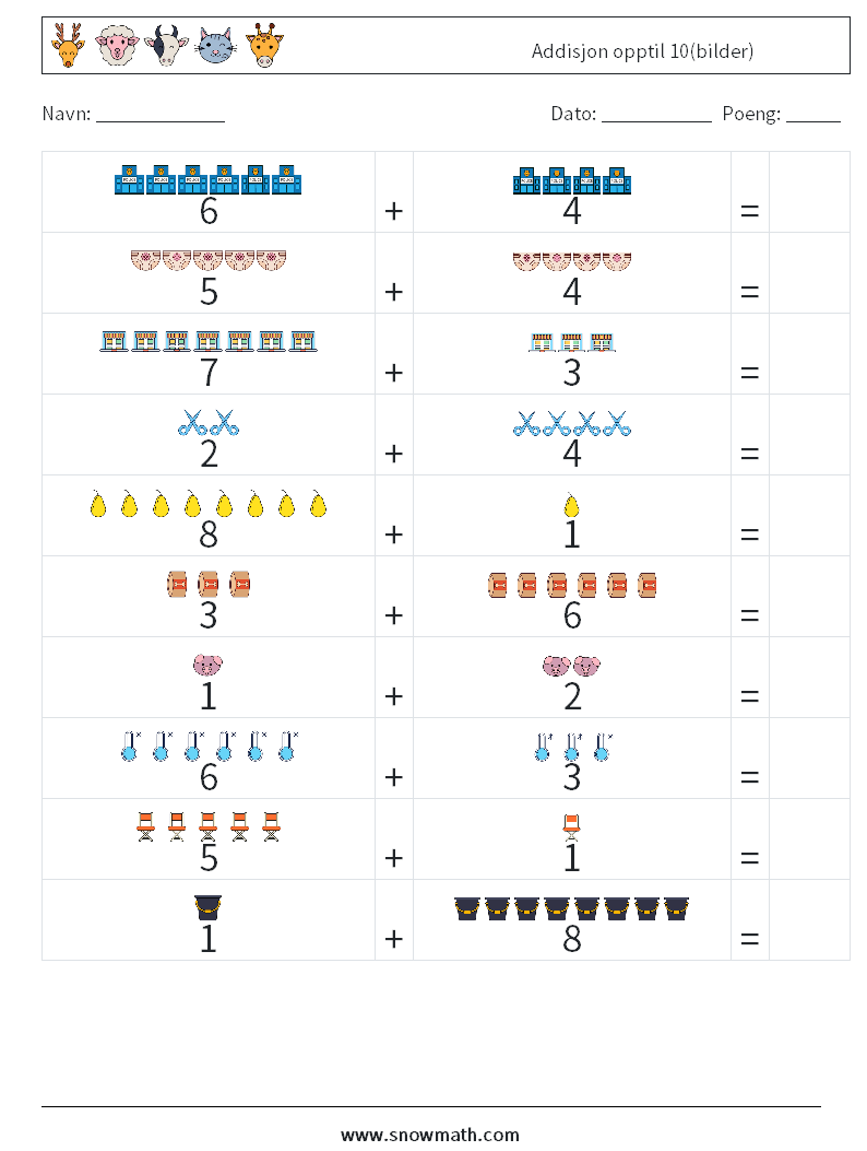 Addisjon opptil 10(bilder) MathWorksheets 10