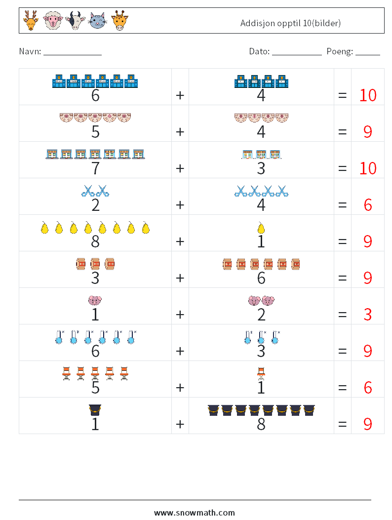 Addisjon opptil 10(bilder) MathWorksheets 10 QuestionAnswer