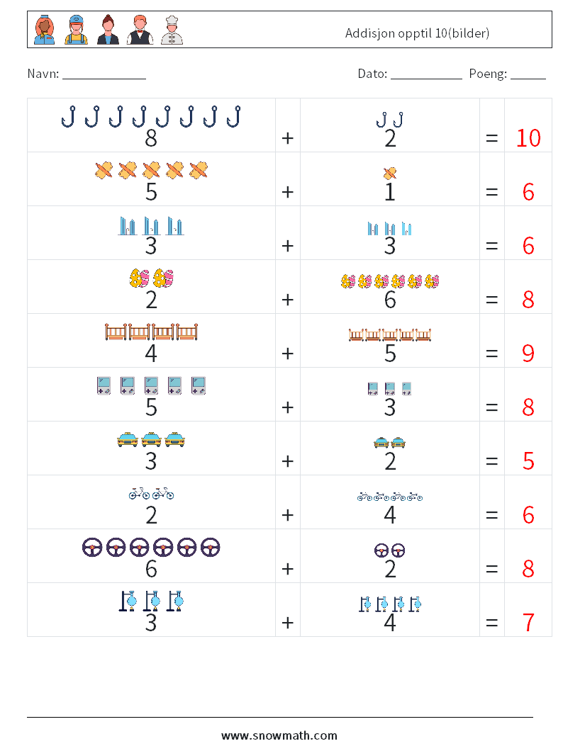 Addisjon opptil 10(bilder) MathWorksheets 11 QuestionAnswer