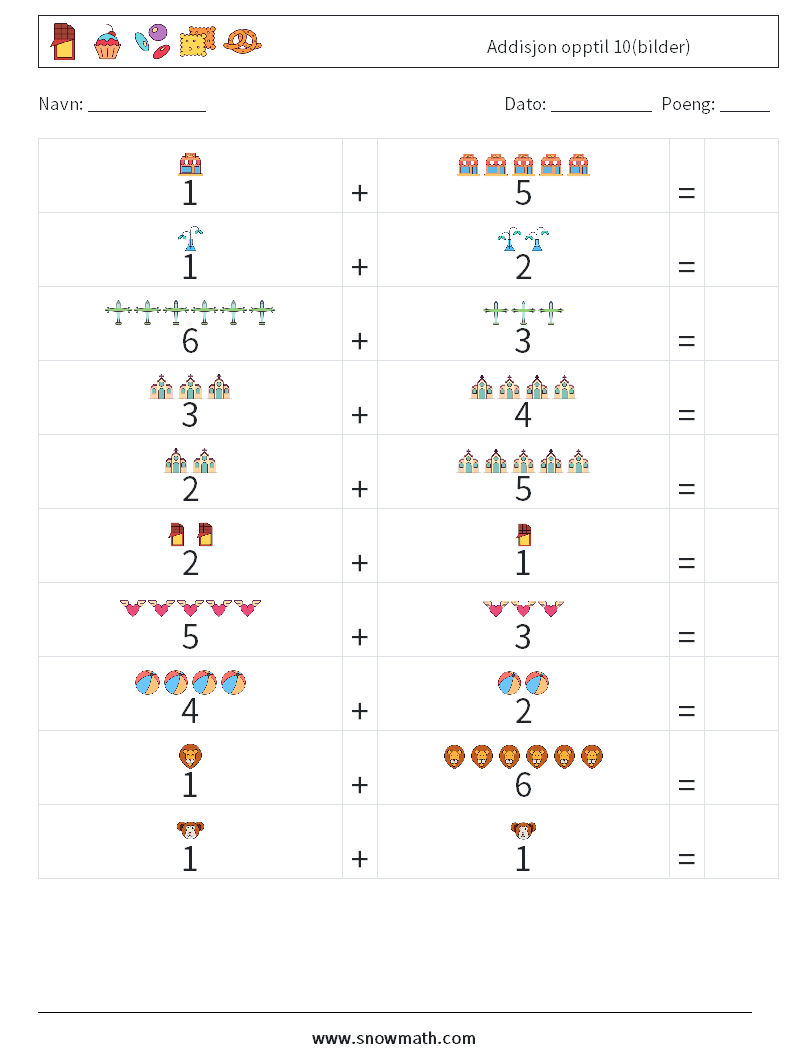 Addisjon opptil 10(bilder) MathWorksheets 12