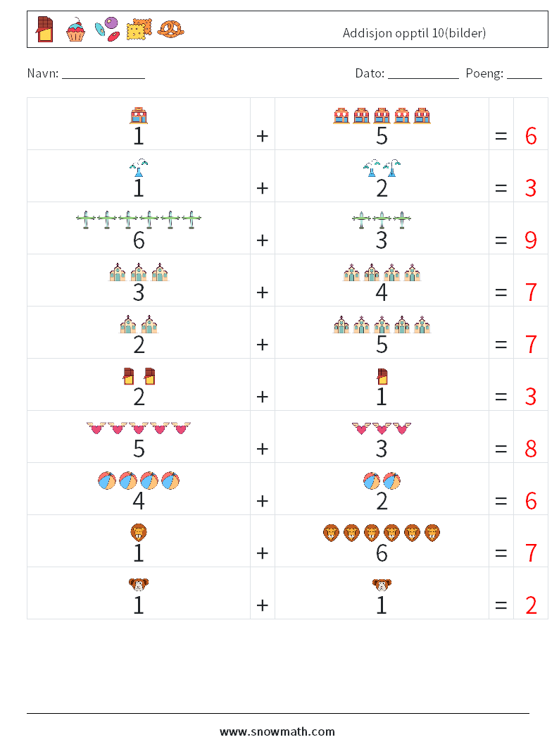 Addisjon opptil 10(bilder) MathWorksheets 12 QuestionAnswer