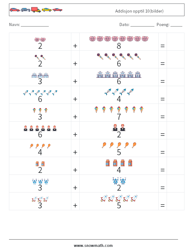 Addisjon opptil 10(bilder) MathWorksheets 13