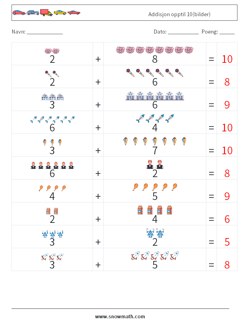 Addisjon opptil 10(bilder) MathWorksheets 13 QuestionAnswer