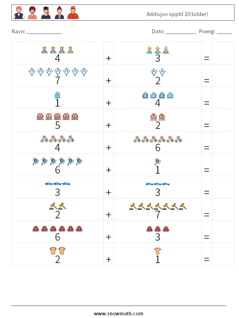 Addisjon opptil 10(bilder) MathWorksheets 14