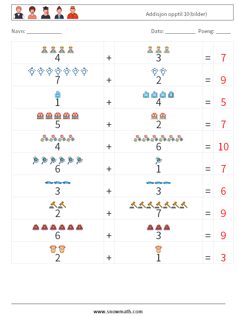 Addisjon opptil 10(bilder) MathWorksheets 14 QuestionAnswer