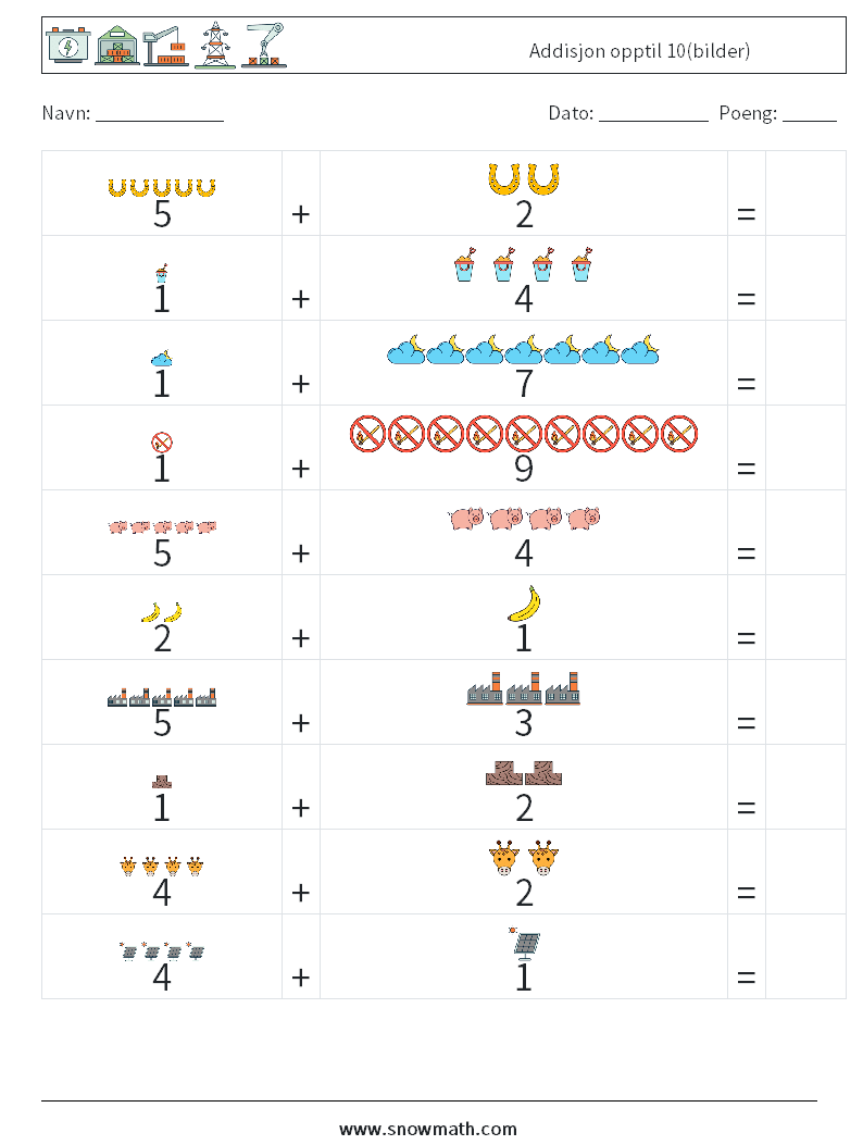 Addisjon opptil 10(bilder) MathWorksheets 15