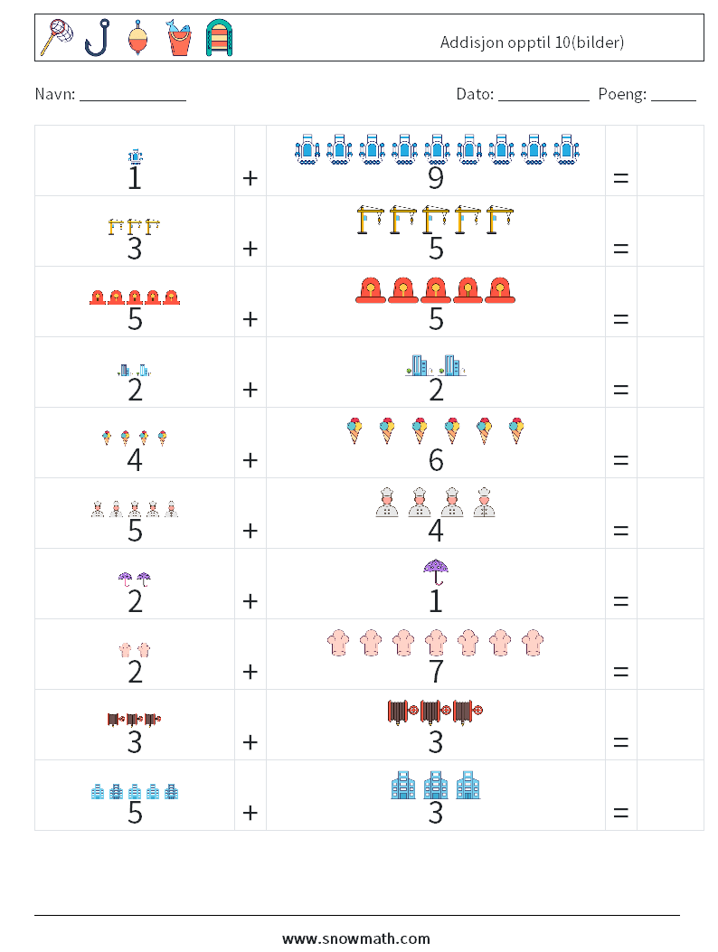 Addisjon opptil 10(bilder) MathWorksheets 16