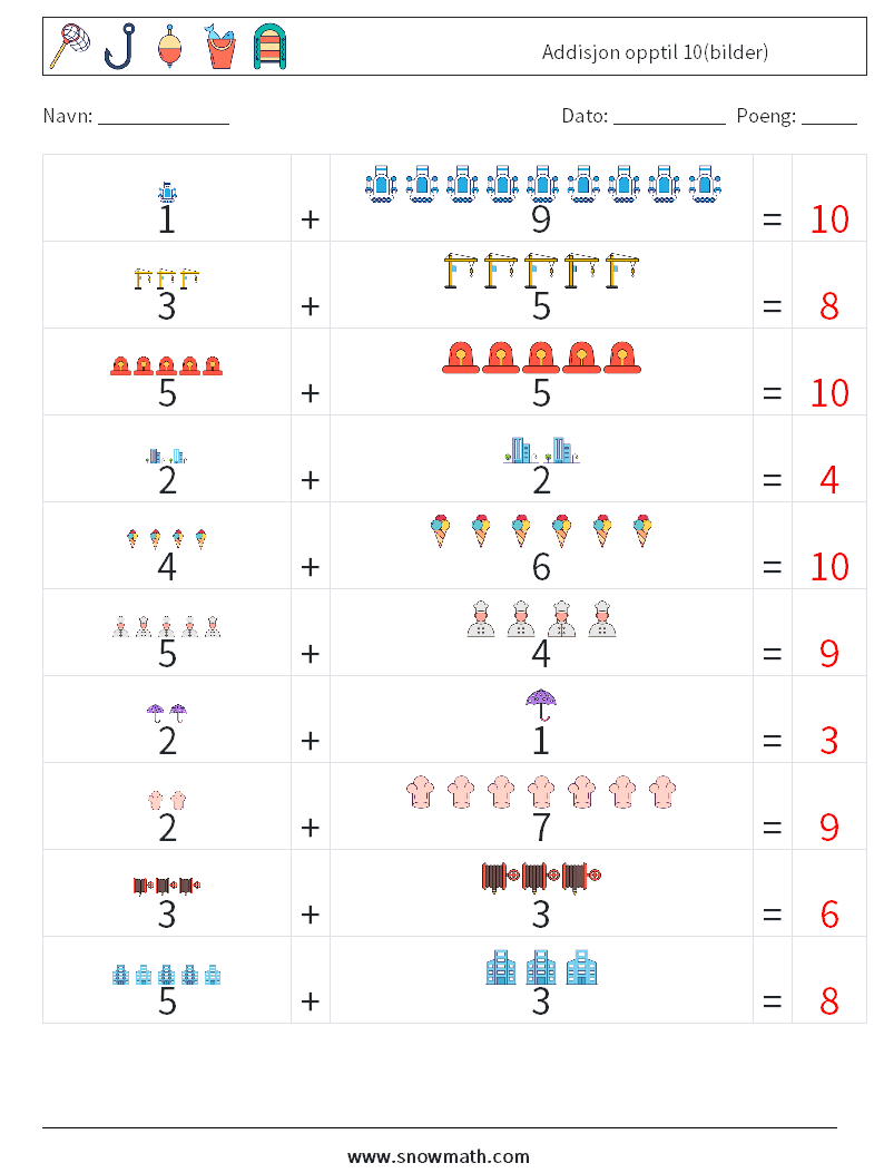 Addisjon opptil 10(bilder) MathWorksheets 16 QuestionAnswer