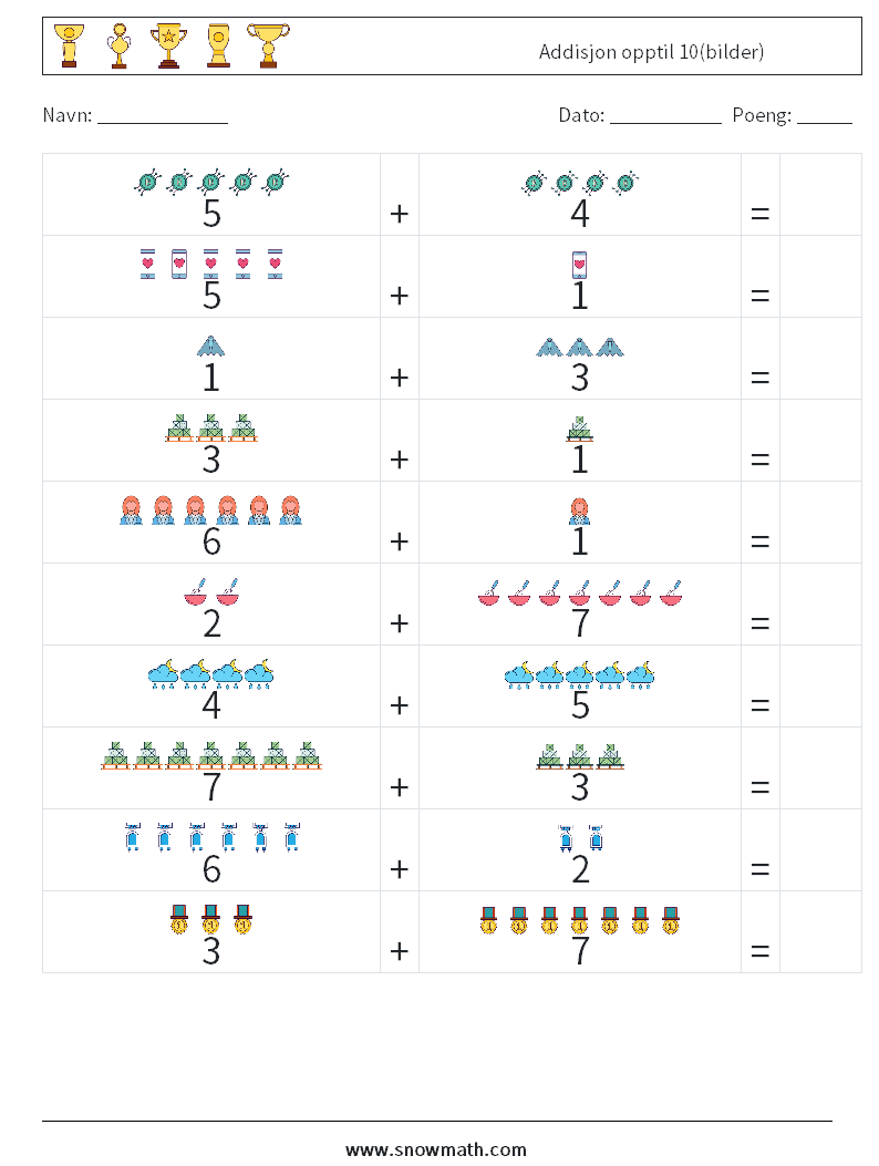 Addisjon opptil 10(bilder) MathWorksheets 17