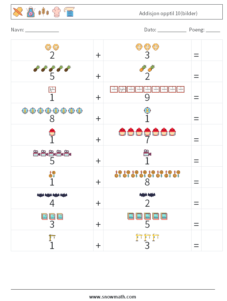 Addisjon opptil 10(bilder) MathWorksheets 18