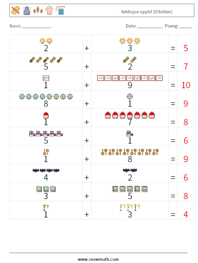 Addisjon opptil 10(bilder) MathWorksheets 18 QuestionAnswer