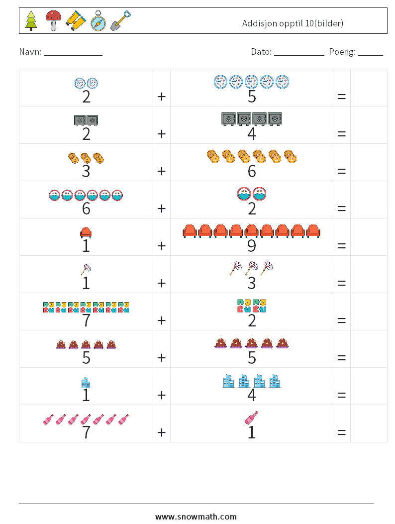 Addisjon opptil 10(bilder) MathWorksheets 2