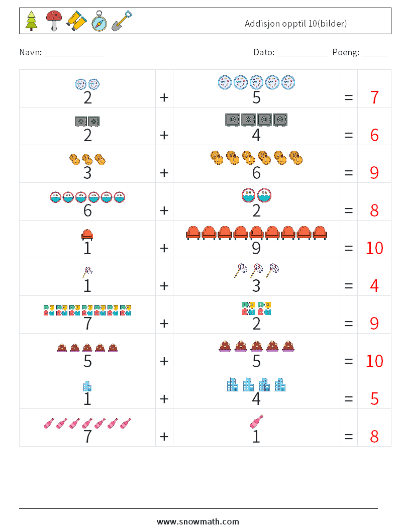 Addisjon opptil 10(bilder) MathWorksheets 2 QuestionAnswer