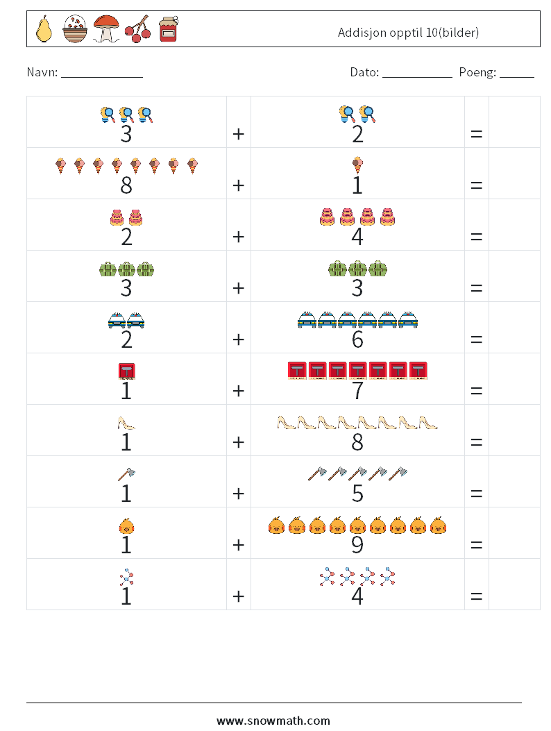 Addisjon opptil 10(bilder) MathWorksheets 3