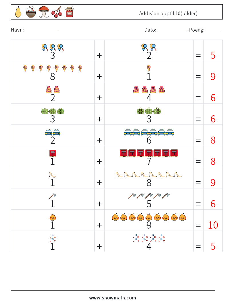 Addisjon opptil 10(bilder) MathWorksheets 3 QuestionAnswer