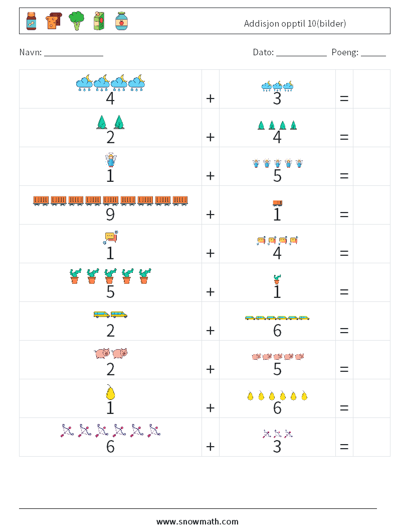 Addisjon opptil 10(bilder) MathWorksheets 4