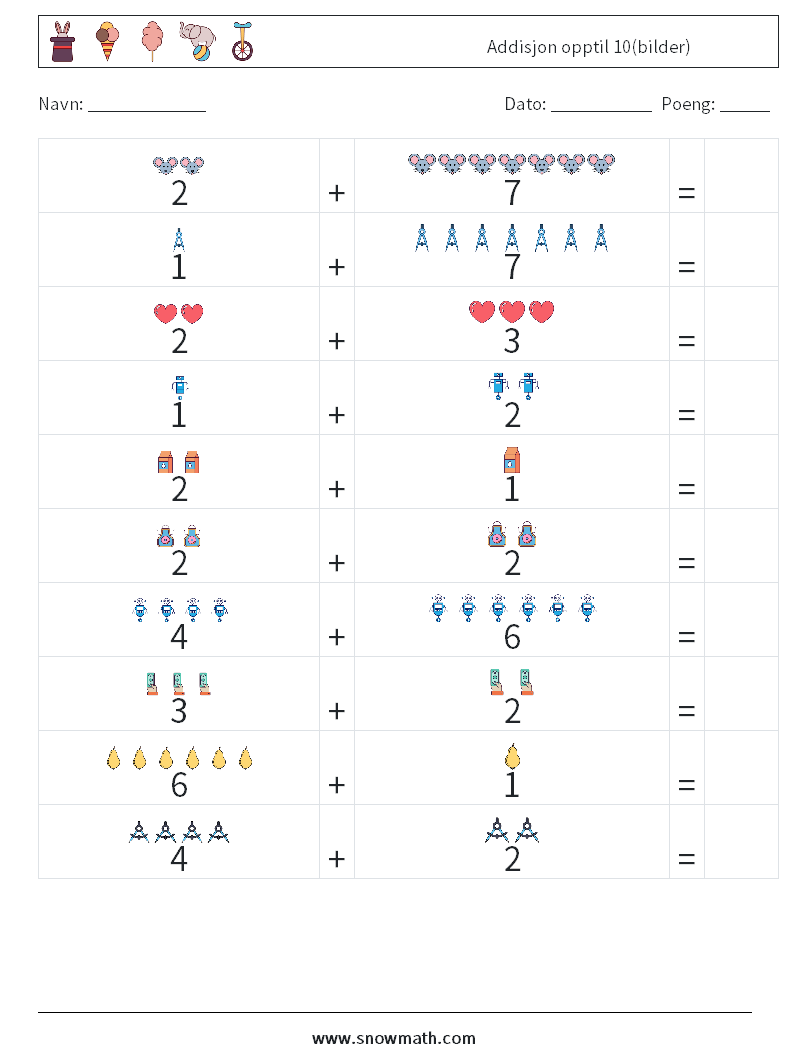 Addisjon opptil 10(bilder) MathWorksheets 5