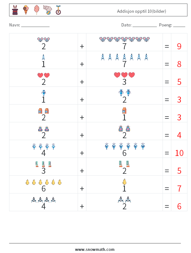 Addisjon opptil 10(bilder) MathWorksheets 5 QuestionAnswer