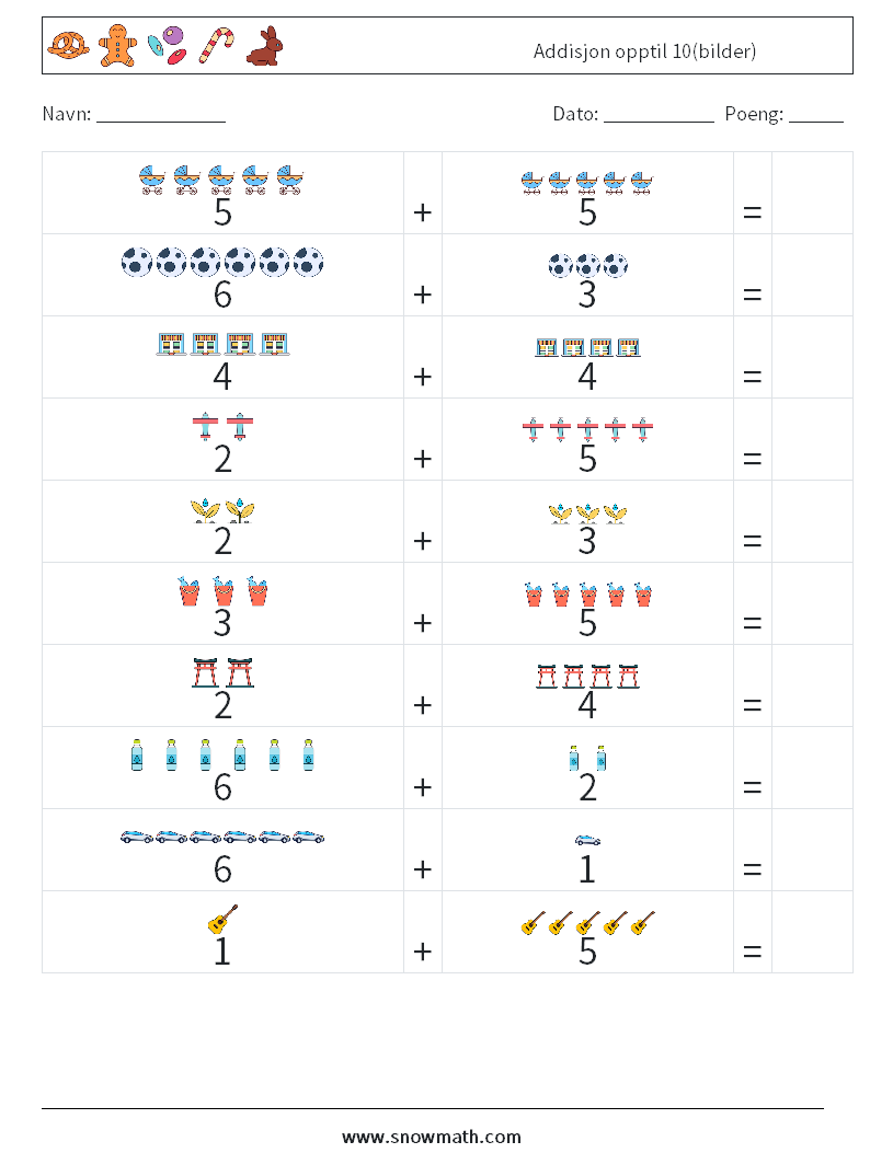 Addisjon opptil 10(bilder) MathWorksheets 6