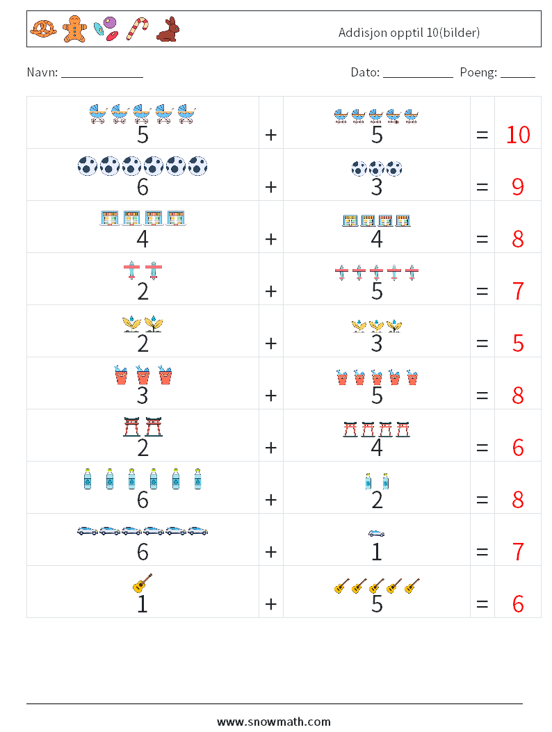 Addisjon opptil 10(bilder) MathWorksheets 6 QuestionAnswer