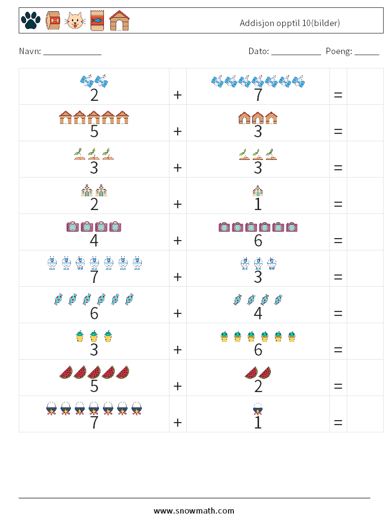 Addisjon opptil 10(bilder) MathWorksheets 7