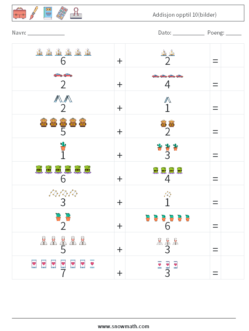 Addisjon opptil 10(bilder) MathWorksheets 8